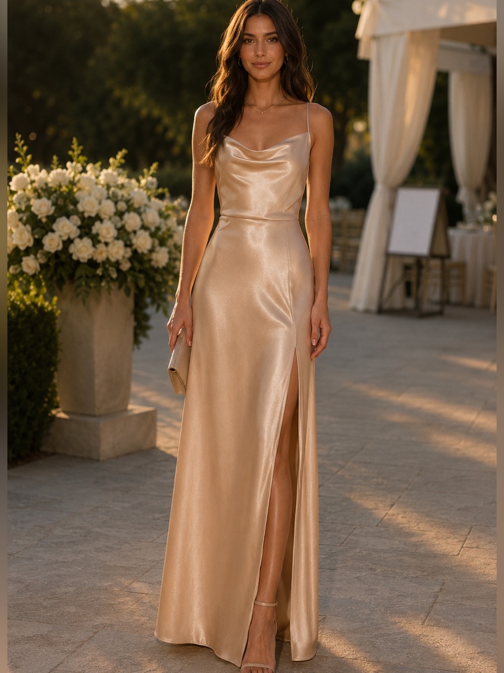 Birdy Grey Lisa Long Dress – Champagne Satin Cowl Neck Maxi Dress Size S